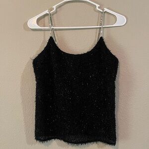 Vtg Semi Sheer Black Sparkle Tank Top with Rhinestone Straps